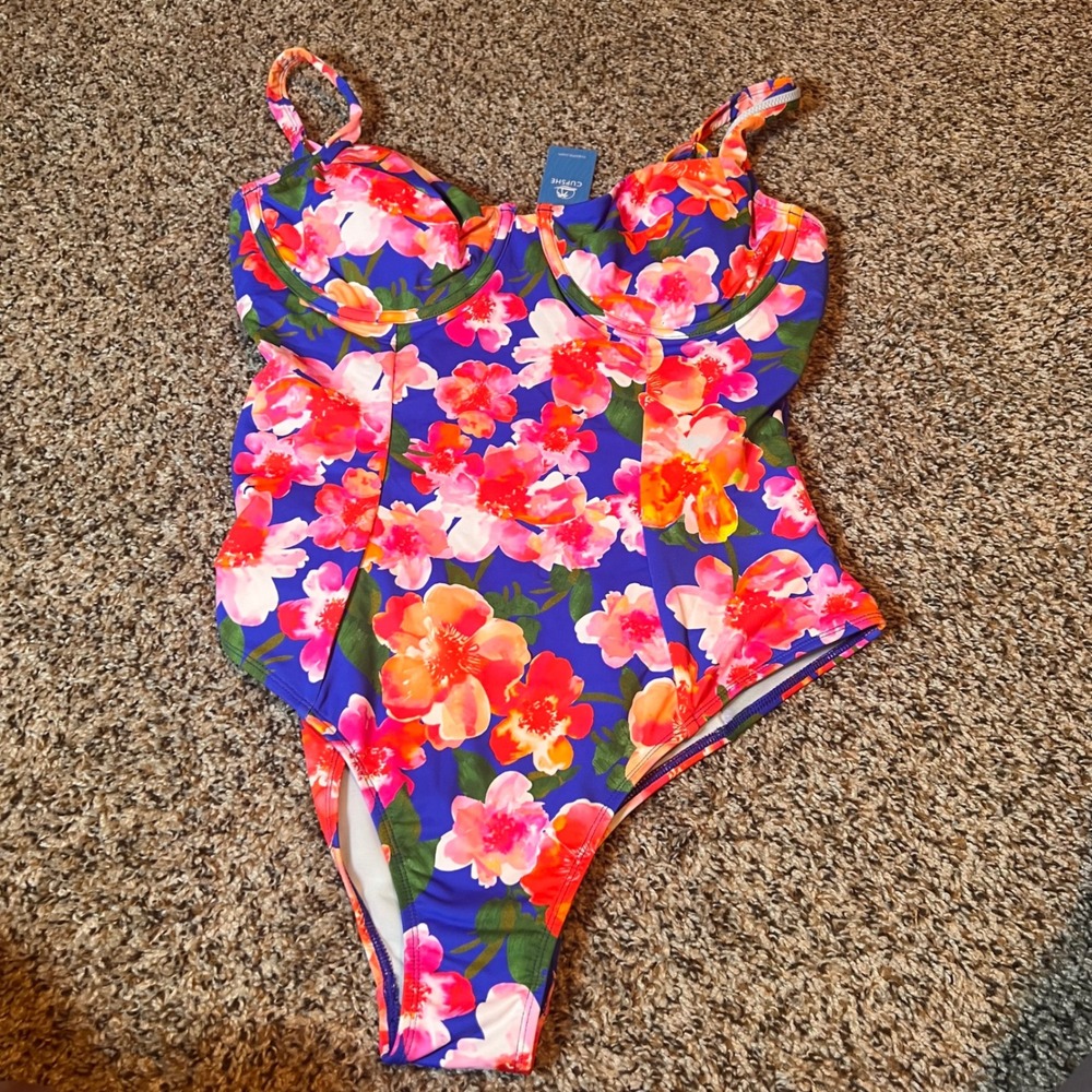 Cupshe Blue Floral One-Piece Swimsuit with Pink & Orange Blossoms